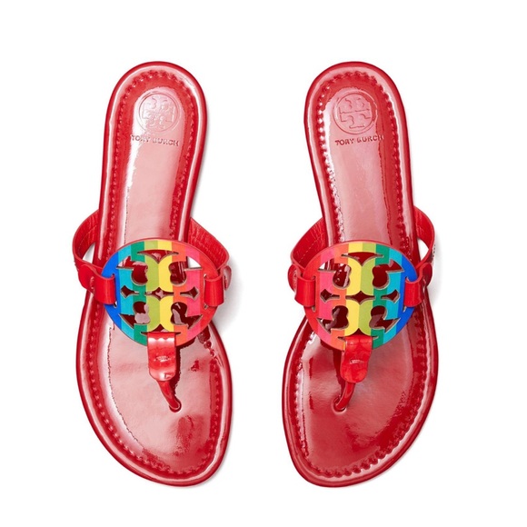 Tory Burch Shoes - TORY BURCH Bright Rainbow Ruby Red Miller Sandals Patent Leather size 8